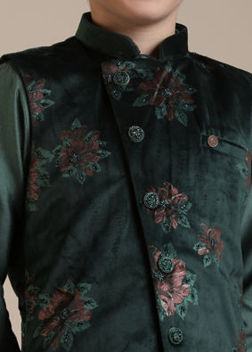 alt message - Manyavar Boys Boys Dark Green Floral Printed Angrakha Style Jacket Set image number 1